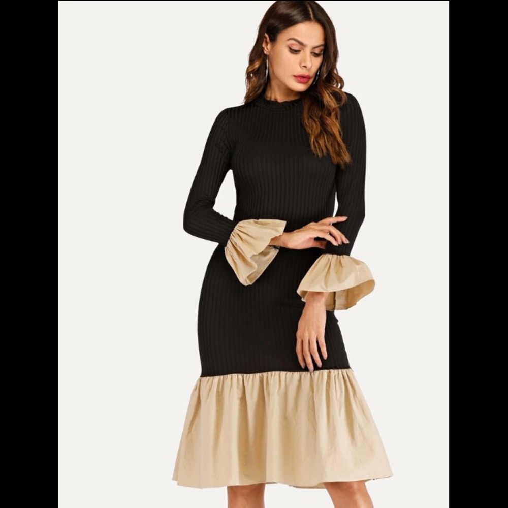 Contrast Ruffled Sleeves & Kneed Midi Dress